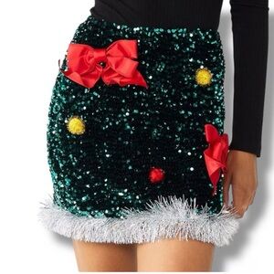 Love On A Hanger Christmas Green Sparkle/Red Bow Skirt Sz M Party Holiday Ugly